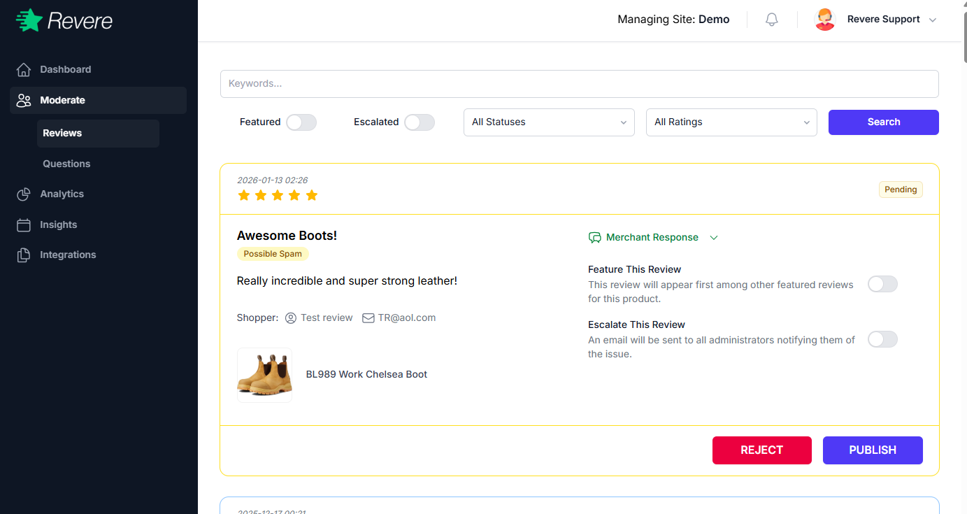 Review moderation screen